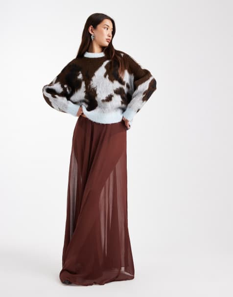 ASOS DESIGN - Gonna lunga voluminosa in chiffon color cioccolato - view 1