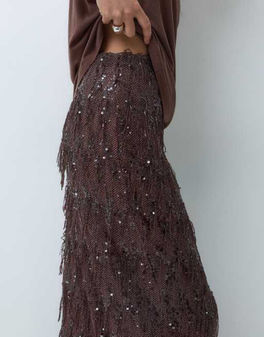 ASOS DESIGN gonna maxi a vita alta con frange e paillettes marrone, 4 di 5