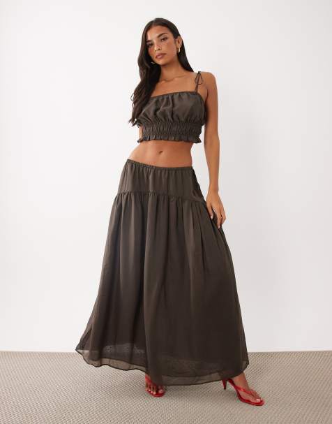 ASOS DESIGN gonna maxi ampia coordinata con arricciatura marrone - view 1