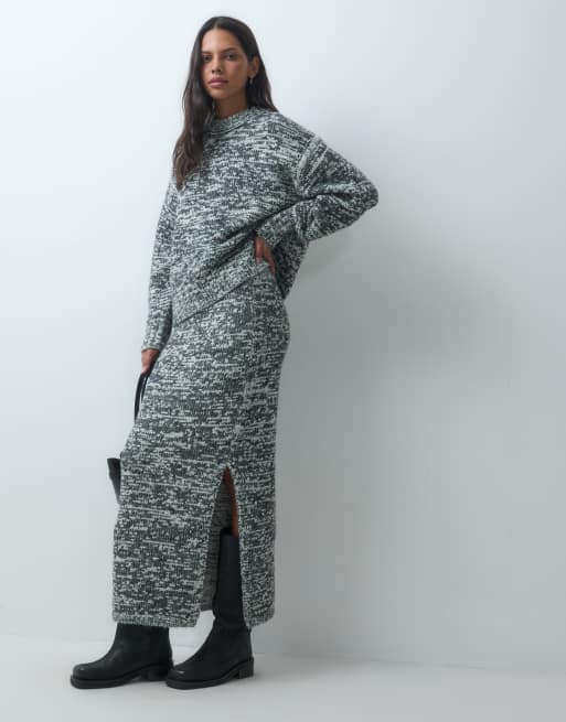 ASOS DESIGN - Coordinato monocromatico sale e pepe con gonna lunga e maglione con cuciture, 2 di 3