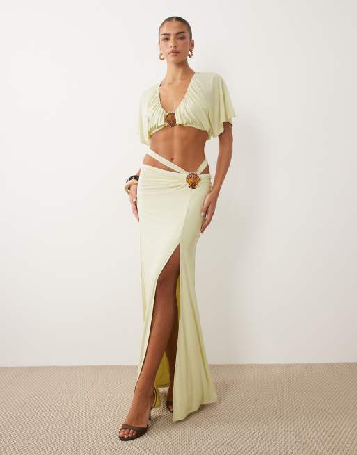 ASOS DESIGN - Coordinato con top e gonna lunga aderente color crema con finitura a conchiglia, 3 di 3