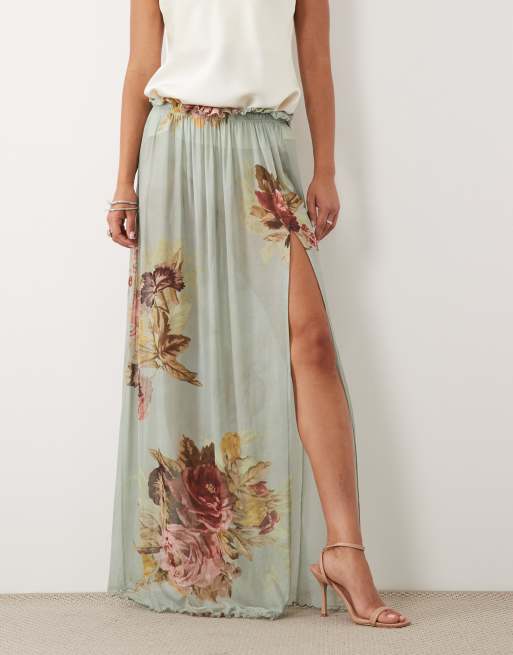 ASOS DESIGN gonna maxi in mesh con vita paperbag e stampa floreale blu, 2 di 5