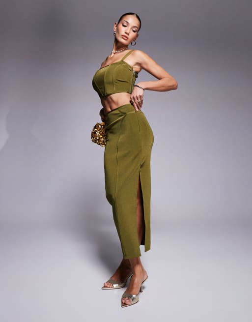 ASOS DESIGN - Gonna midi a fascia color oliva con cuciture a vista in coordinato