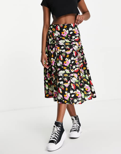 ASOS DESIGN - Gonna midi a fiori con dettaglio a canale 