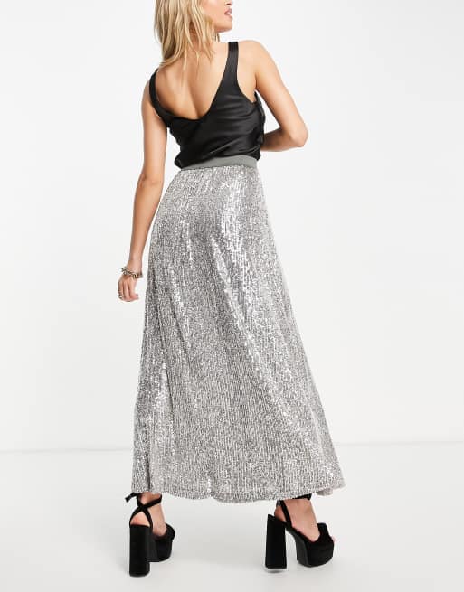 ASOS DESIGN - Gonna midi a pieghe con paillettes argento, 2 di 4