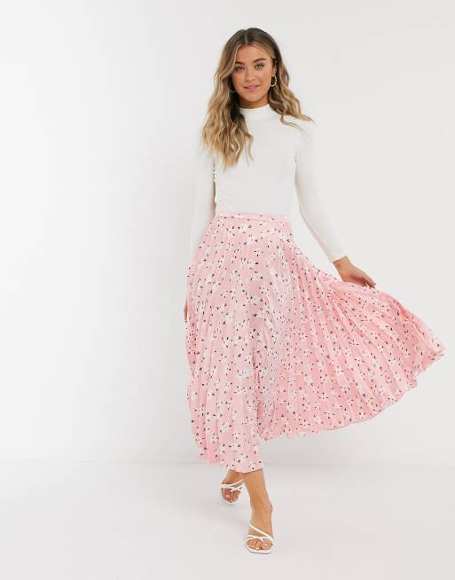 ASOS DESIGN - Gonna midi a pieghe in raso con stampa rosa a fiori