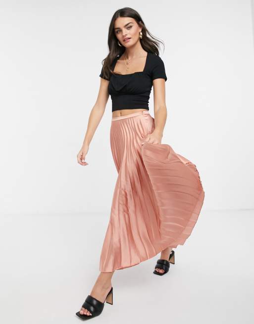 ASOS DESIGN - Gonna midi a pieghe in raso rosa