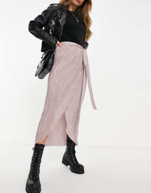 ASOS DESIGN - Gonna midi a portafoglio plissé rosa con cintura