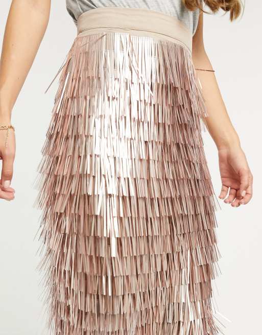ASOS DESIGN Gonna midi a strati con frange color oro rosa