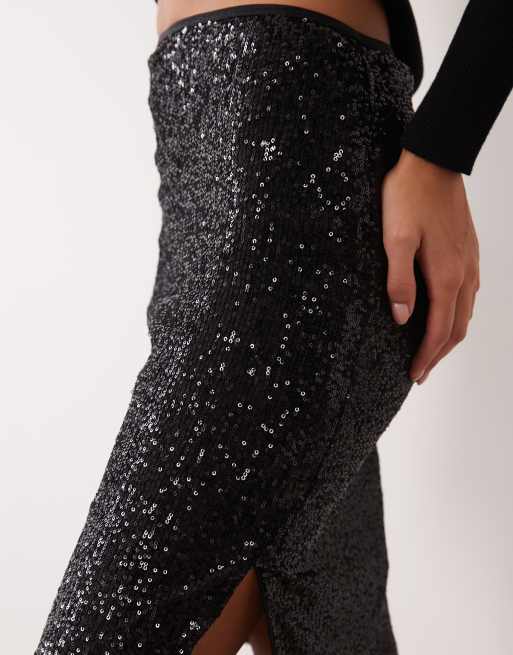 ASOS DESIGN gonna midi a tubino effetto sottoveste con paillettes anni '90 nera, 2 di 5