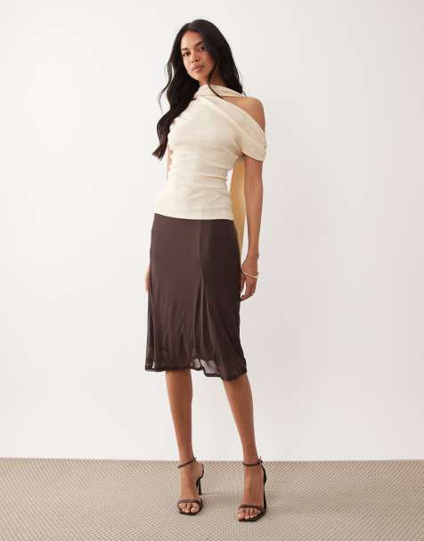 ASOS DESIGN - Gonna midi a vita bassa in rete color cioccolato con godet - view 1