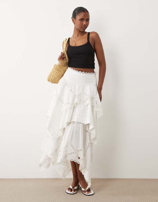 ASOS DESIGN - Gonna midi asimmetrica bianca con dettagli in pizzo sangallo, 1 di 5