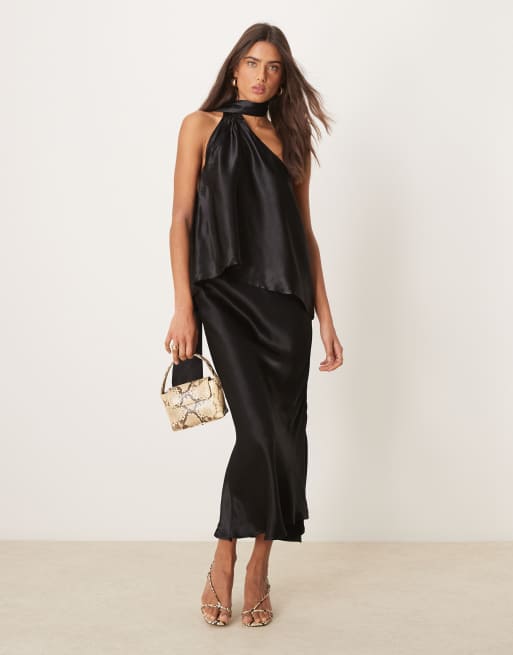 ASOS DESIGN - Gonna midi asimmetrica in raso nero