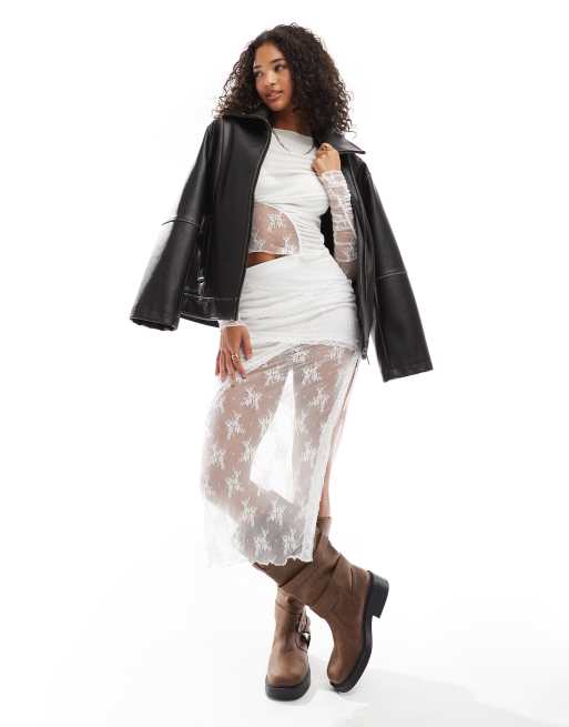 ASOS DESIGN - Gonna midi bianca in misto pizzo e rete in coordinato