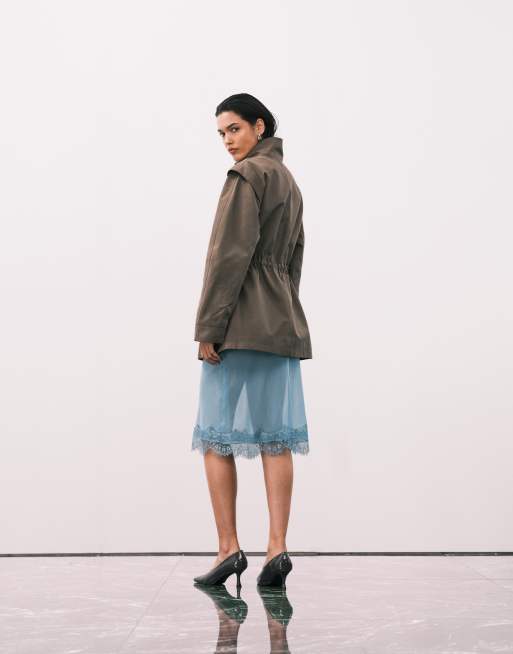 ASOS DESIGN - Gonna midi blu trasparente con fondo in pizzo, 5 di 5