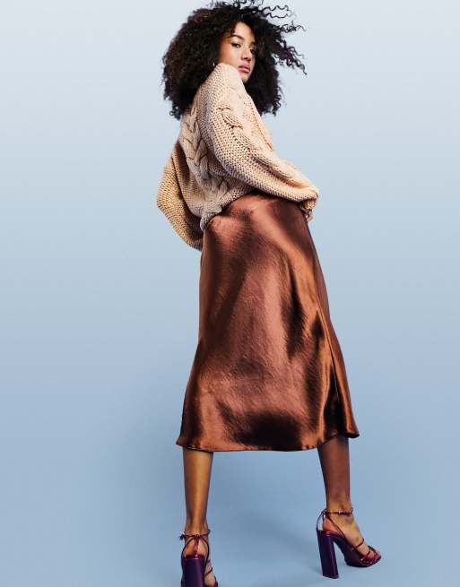 ASOS DESIGN - Gonna midi color cioccolato in raso, 2 di 4
