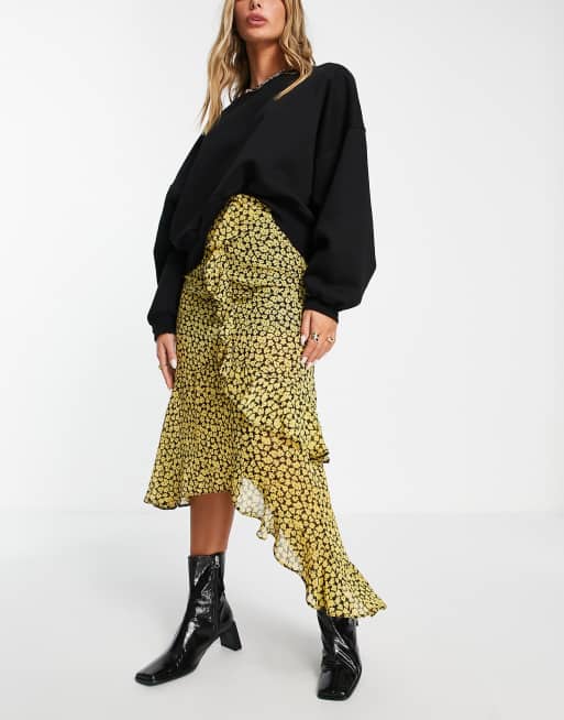 ASOS DESIGN Gonna midi color ocra a fiori con volant