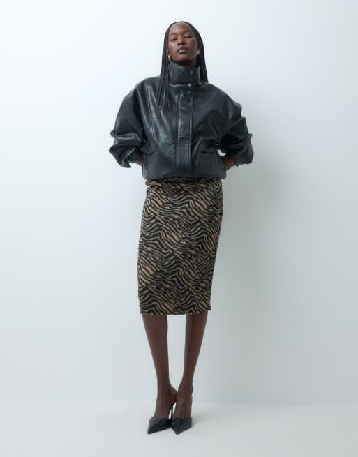 ASOS DESIGN gonna midi con dettaglio zip e stampa tigre effetto spazzolato, 1 di 5