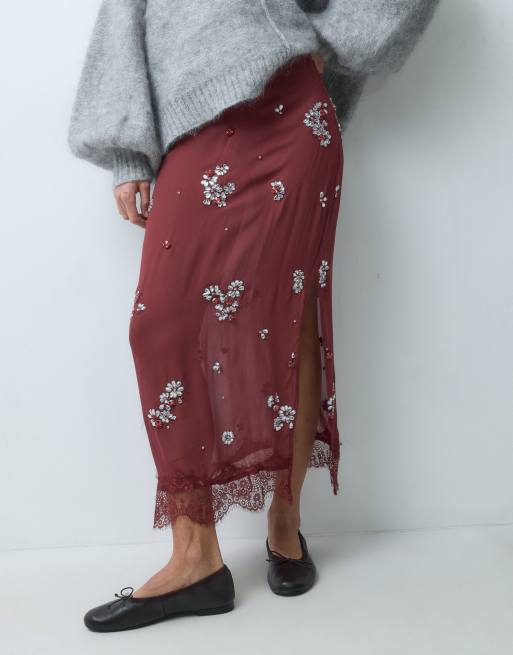 ASOS DESIGN gonna midi decorata in pizzo bordeaux, 4 di 5