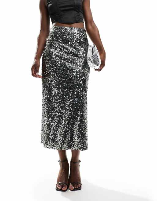ASOS DESIGN - Gonna midi di paillettes grigio piombo, 3 di 5