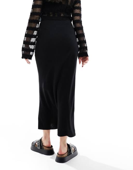 ASOS DESIGN - Gonna midi effetto lino nera allacciata in vita con taglio sbieco, 4 di 5