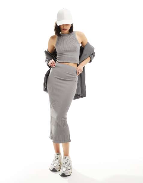 ASOS DESIGN - Gonna midi grigio scuro a coste miste modellante senza cuciture in coordinato - view 1