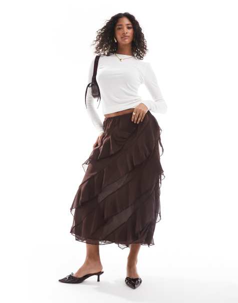 ASOS DESIGN - Gonna midi in chiffon color cioccolato con volant - view 1