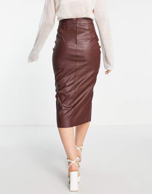 ASOS DESIGN Gonna midi in pelle sintetica marrone cioccolato