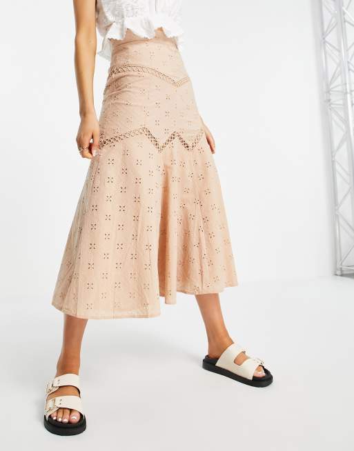 ASOS DESIGN - Gonna midi in pizzo con inserto svasato, colore beige