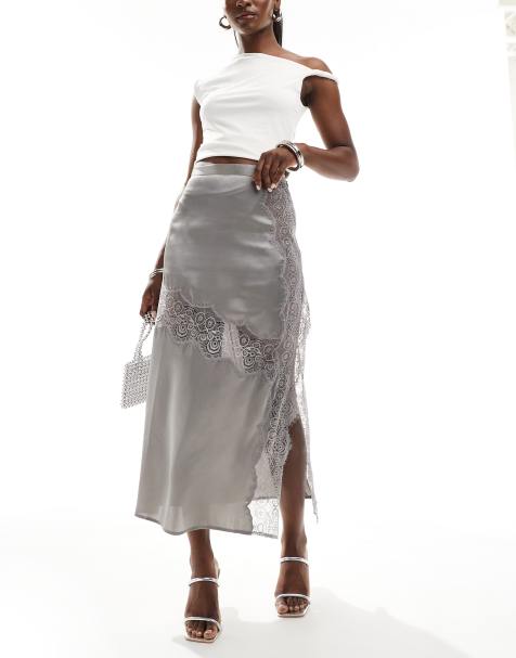 ASOS DESIGN - Gonna midi in raso argento con inserti in pizzo - view 1