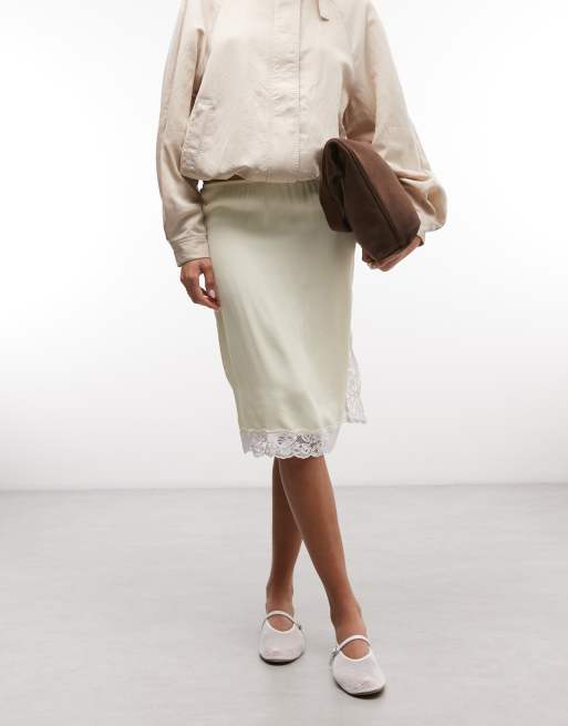 ASOS DESIGN - Gonna midi in raso color limone con fondo in pizzo, 2 di 5