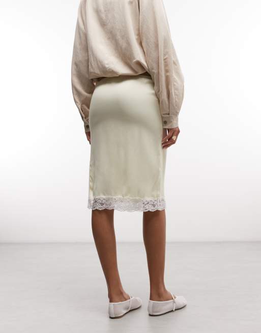ASOS DESIGN - Gonna midi in raso color limone con fondo in pizzo, 4 di 5