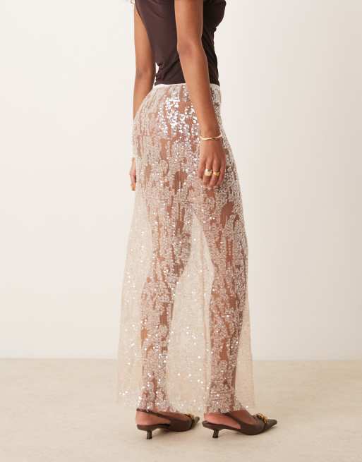 ASOS DESIGN - Gonna midi in rete color champagne con paillettes, 5 di 5