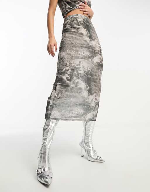 ASOS DESIGN - Gonna midi in rete con stampa stile rinascimentale in coordinato 