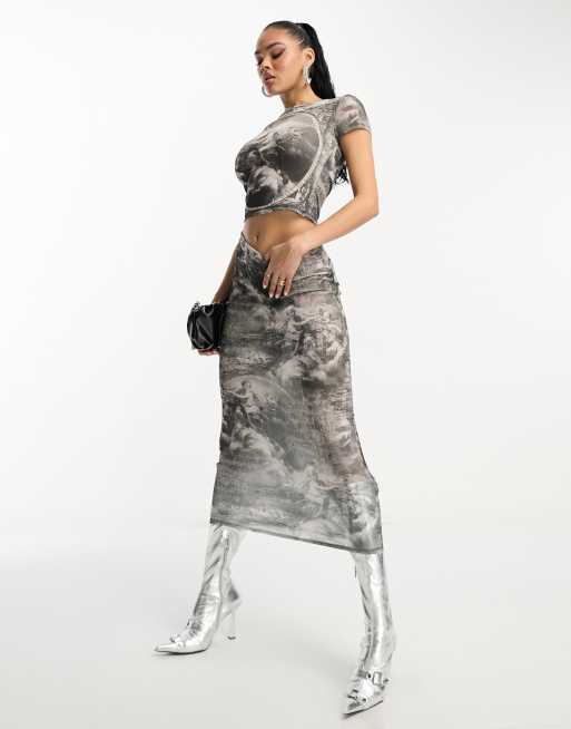 ASOS DESIGN - Gonna midi in rete con stampa stile rinascimentale in coordinato , 2 di 4