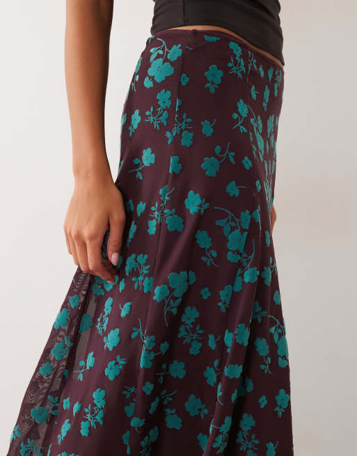 ASOS DESIGN gonna midi in rete floccata con stampa floreale prugna e blu, 2 di 5