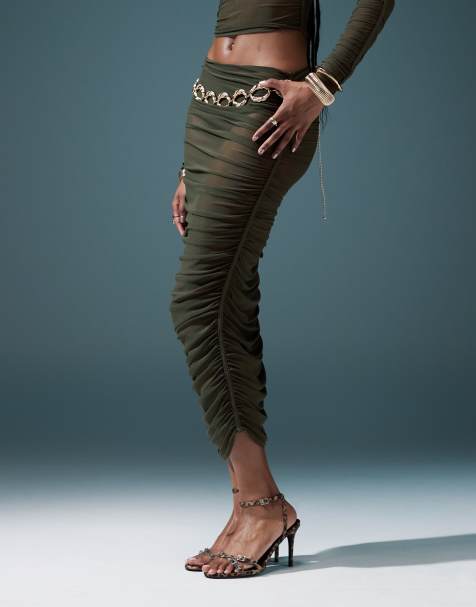ASOS DESIGN - Gonna midi in rete kaki arricciata in coordinato - view 1