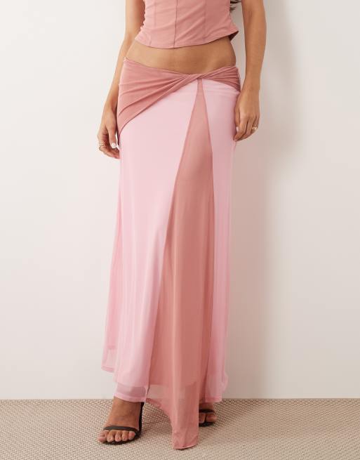 ASOS DESIGN - Gonna midi in rete rosa a contrasto con dettaglio in vita, 2 di 5