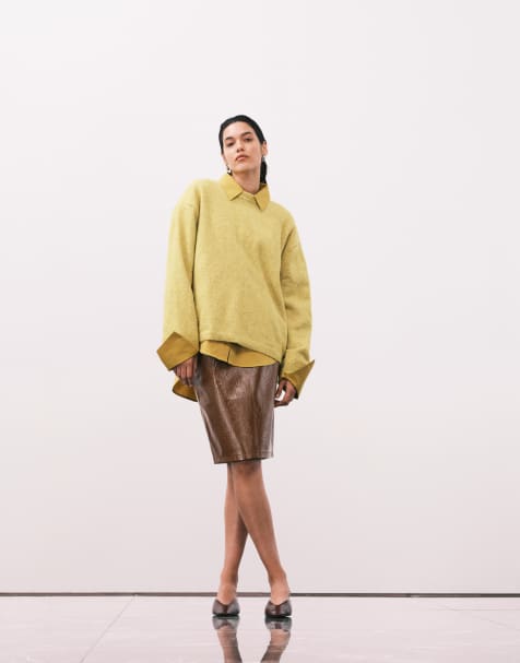 ASOS DESIGN - Gonna midi minimal in pelle sintetica color cammello taglio anni '90 - view 1