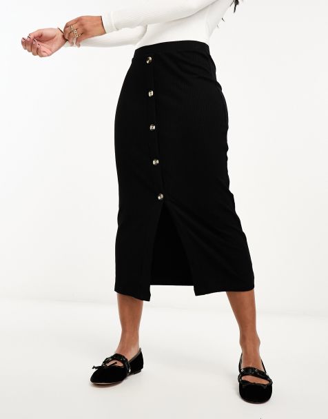 ASOS DESIGN - Gonna midi nera a coste con bottoni in corno - view 1