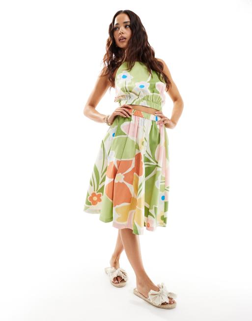 ASOS DESIGN - Gonna midi svasata in cotone con stampa accesa a fiori astratti in coordinato