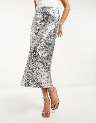 ASOS DESIGN - Gonna midi taglio sbieco di paillettes argento