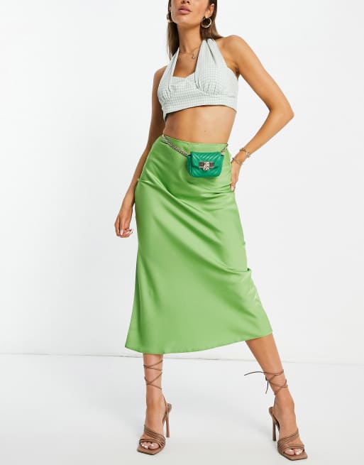 ASOS DESIGN - Gonna midi taglio sbieco in raso verde wasabi 
