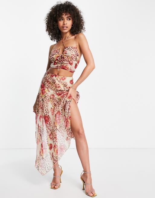 ASOS DESIGN - Gonna midi trasparente con volant e stampa leopardata floreale in coordinato