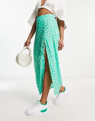 ASOS DESIGN bow detail midi skirt with thigh split in green ditsy floral  - ASOS Price Checker