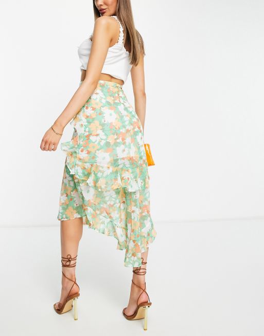 ASOS DESIGN - Gonna midi verde con stampa a fiori color pesca e volant, 2 di 4