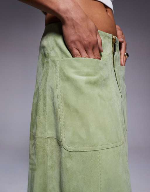 ASOS DESIGN - Gonna midi verde in vero camoscio con zip sul davanti, 2 di 5