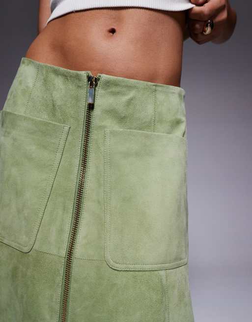 ASOS DESIGN - Gonna midi verde in vero camoscio con zip sul davanti, 4 di 5