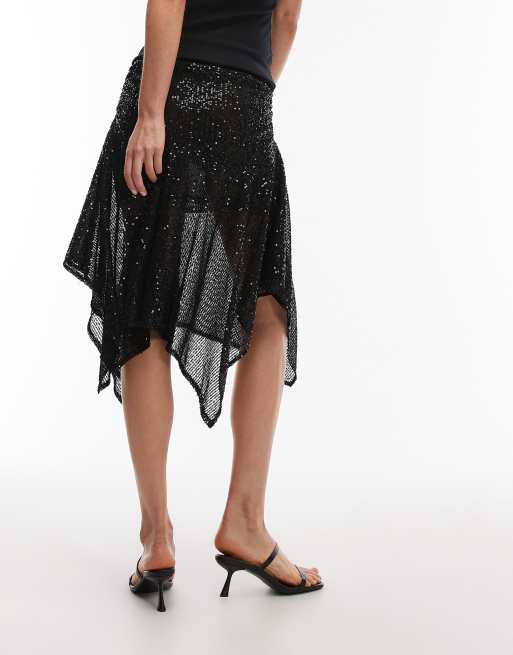 ASOS DESIGN - Gonna nera in tessuto a rete nero con paillettes e fondo a fazzoletto, 3 di 5