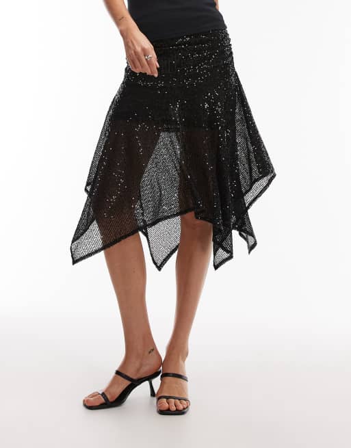 ASOS DESIGN - Gonna nera in tessuto a rete nero con paillettes e fondo a fazzoletto, 5 di 5